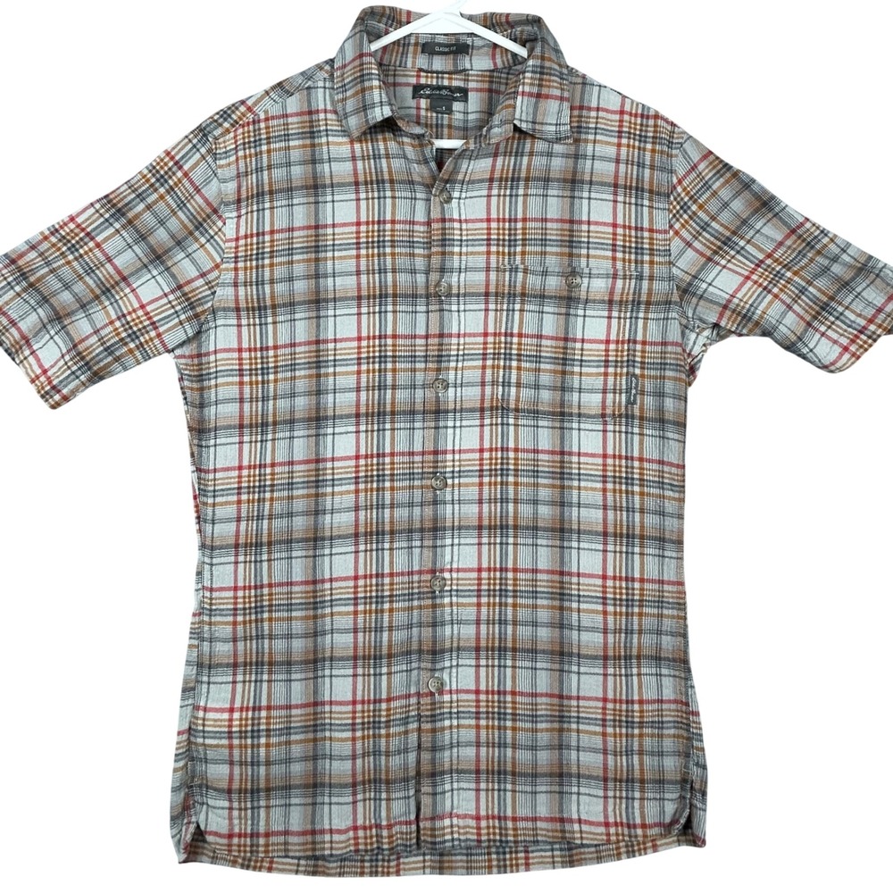Eddie Bauer Mens Small Classic Fit Plaid Short Sleeve Button Down Shirt Grey Red